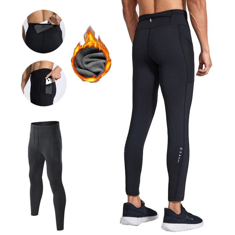 (S-2XL)Men's Fleece Marathon Fitness Pants for Running Training Cycling Quick Dry Elastic Compression Cropped Tights Leggings