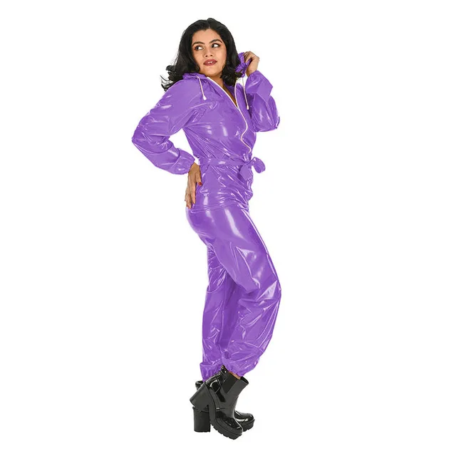 Transparent PVC Overalls Catsuits Women Waterproof Hooded Jumpsuits Gothic See Through Clear PVC Bloomers Jumpsuit With Belt 1