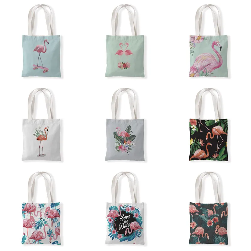 

Foldable Eco Shopping Bag Tote Pouch Portable Reusable Grocery Women Storage Bag Flowers Flamingo Female Large-capacity