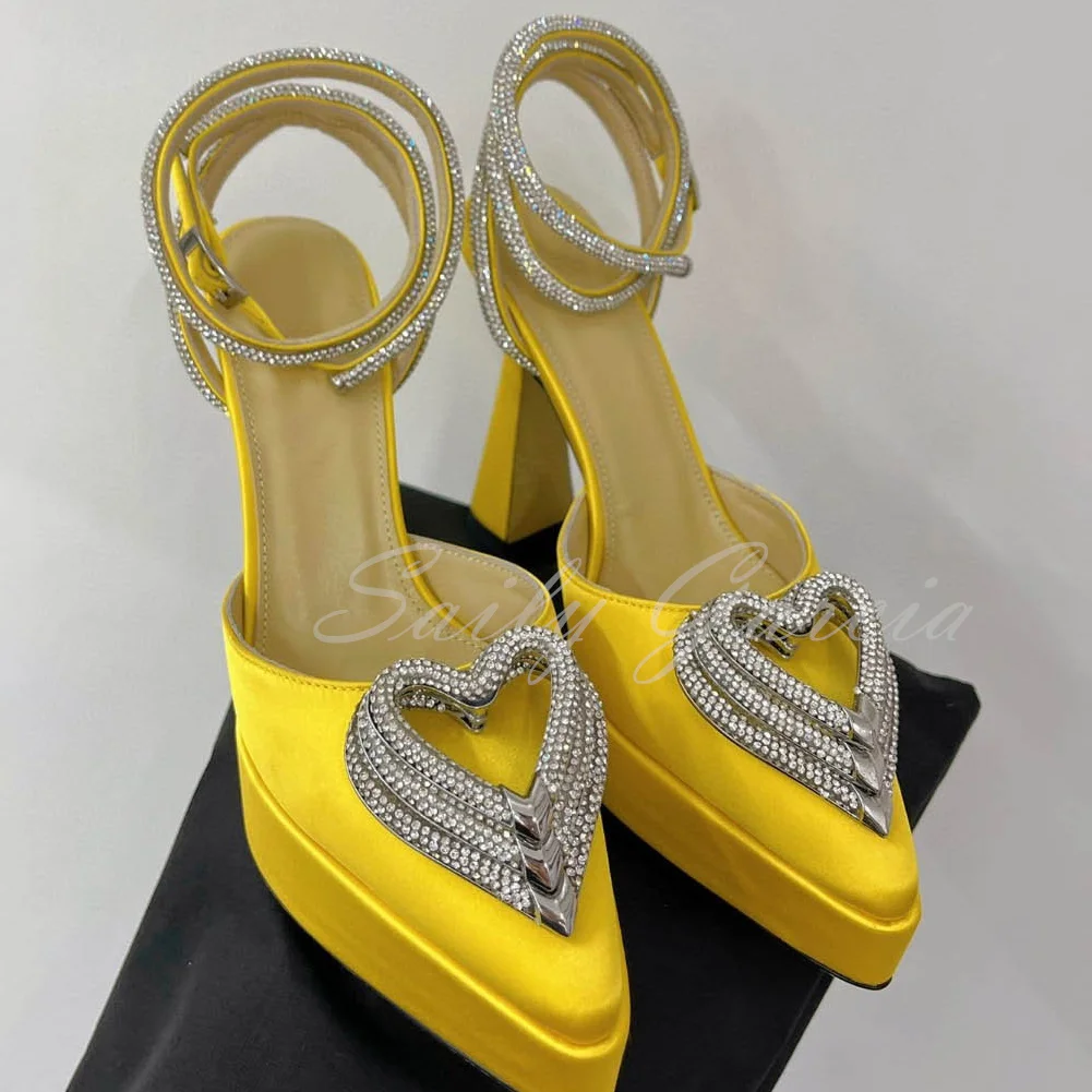 Platform Pointed Toe Hollow Silk High Heel Sandals Women Love Rhinestone Ribbon Square Toe Ankle Strap Wedding Shoes For Ladies