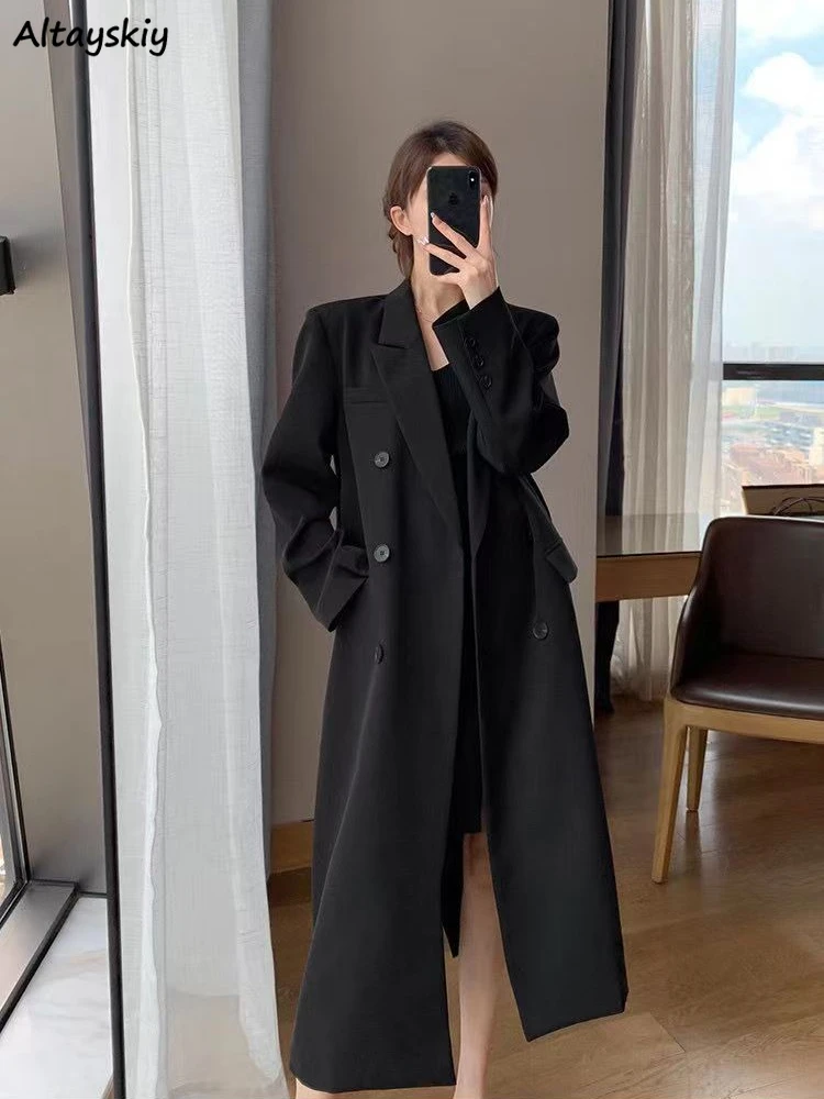 

Trench Women Long Black Khaki Classic Wide-waist Spring Korean Style Temperament Simple Prevalent Straight Office All-match Chic