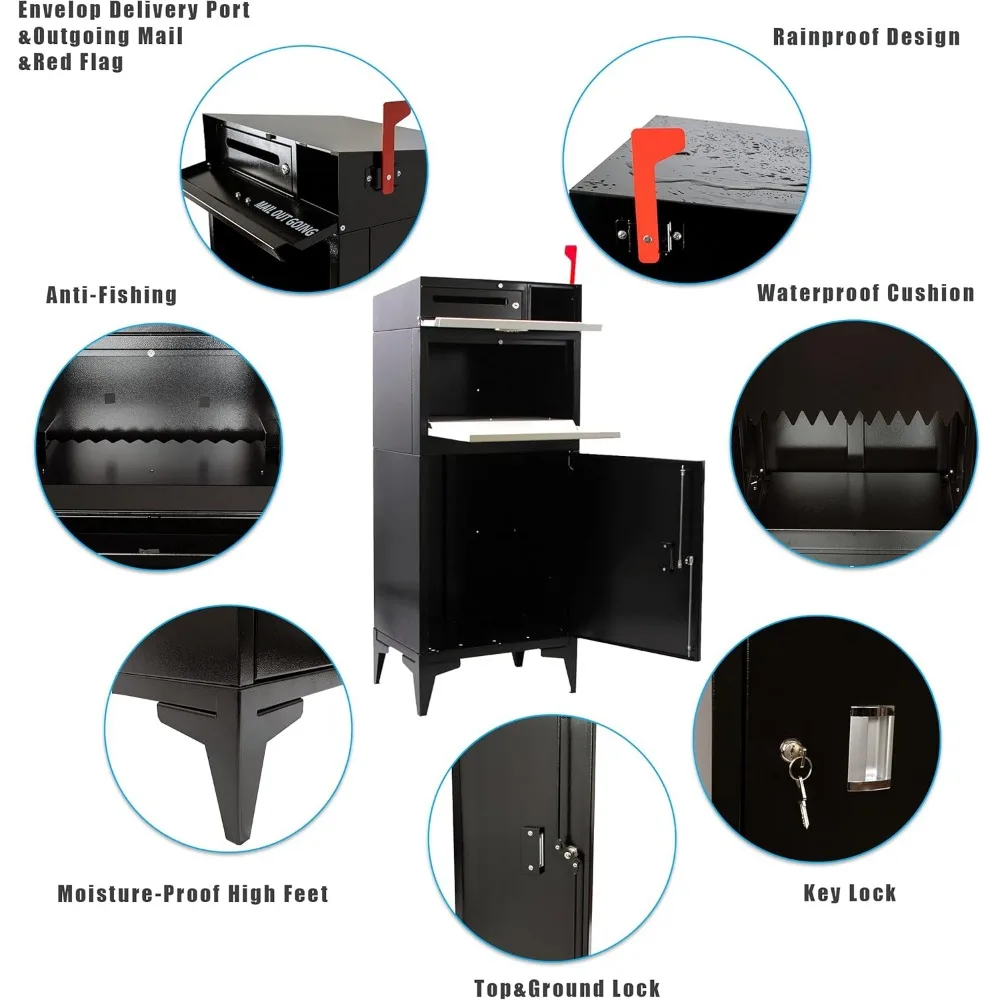 Large Package Delivery Boxes for Outside, Alloy Steel Post Mailbox, Wall Mounted Lockable Anti-Theft for Porch,Black