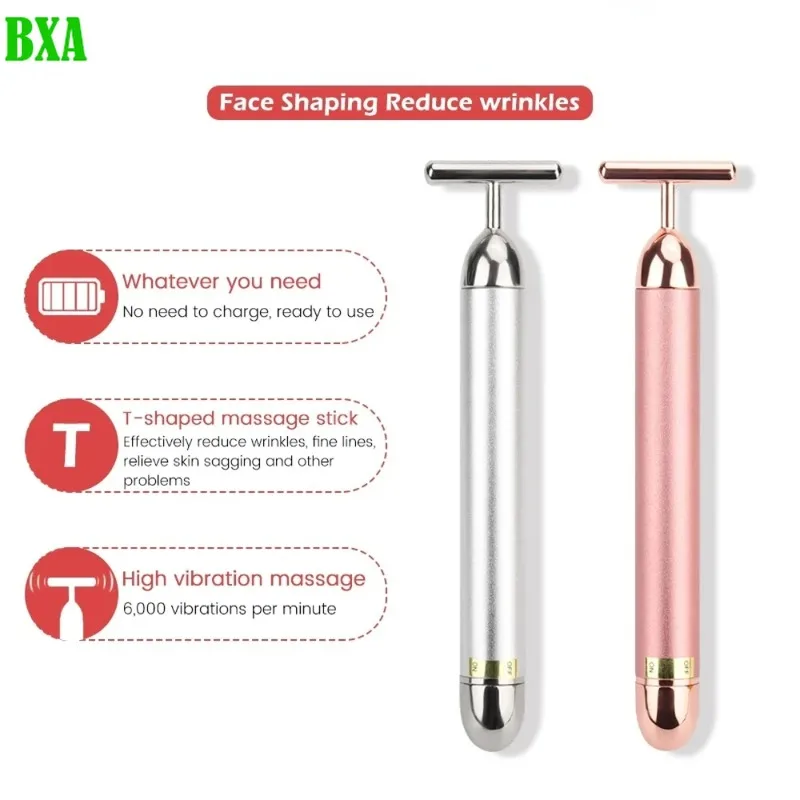 New Vibrating Facial Massager 24K Gold Roller Slimming Facial Skin Beauty Pulse Firming Face Massage Lift Tightening Wrinkle Bar