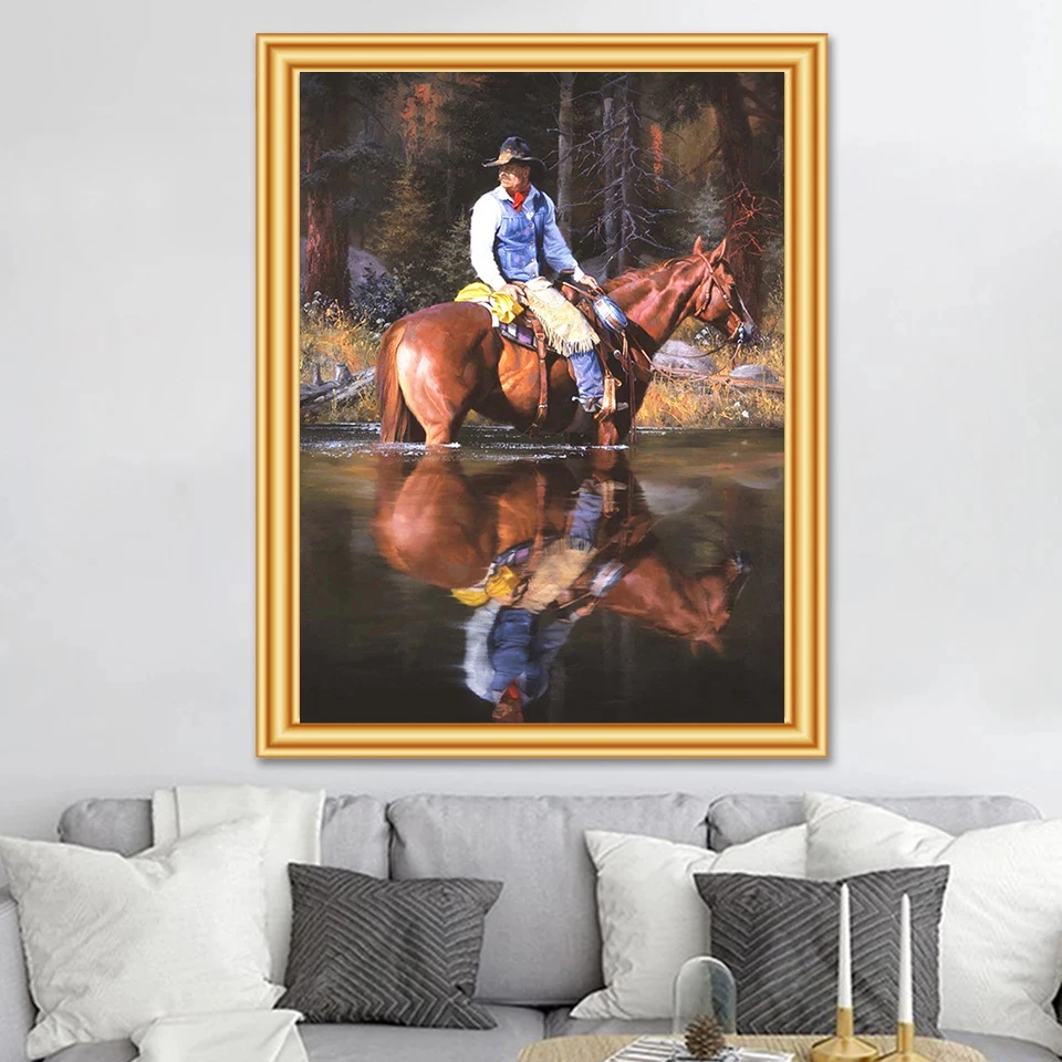 5D Handmade Diamond Painting Cowboy and Horse Picture Full Square Round Diamond Number of Mosaic Embroidery Home Wall Decor Gift