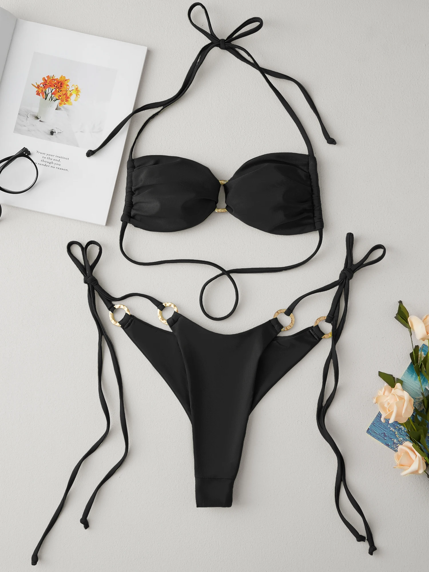 Women s Two Piece Swimsuits with Sleeveless Halter Neck Metal Circle Bra and Low Waist Thong Bottoms for a Stylish Beach Look