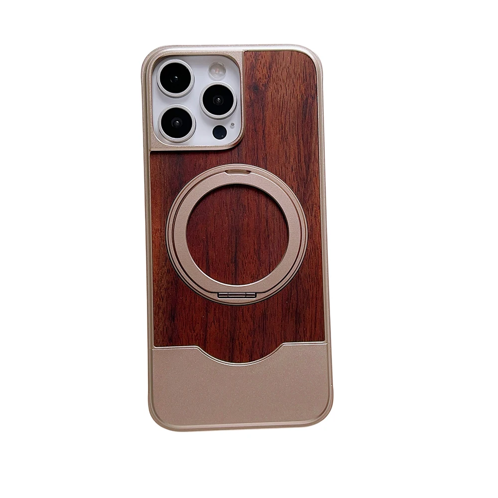 Alloy Wood Hybrid Phone Case with 360° Rotating Metal Stand and Magnetic Matte Finish