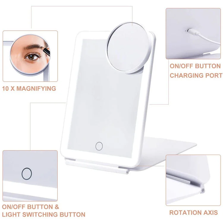 3 Color Light Modes Cosmetic Folding LED Makeup Mirror – USB Rechargeable Touch Screen Compact 4