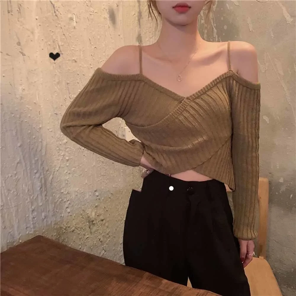 

Women Off Shoulder Long Sleeve Knitted Sweater Overlap Cold Shoulder Sexy Pollover Spring Autumn Outwear