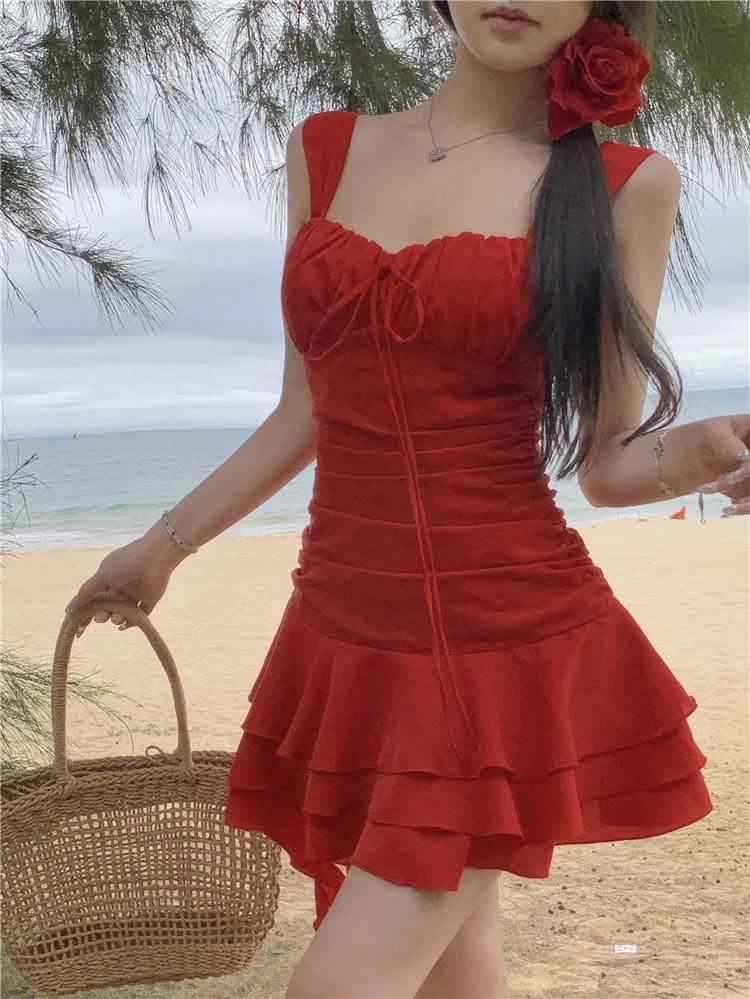 Summer New Holiday Beach Style Short Dresses for Women Spaghetti Strap Ruffles A-line Birthday Party Dress Korean Chic Vestidos