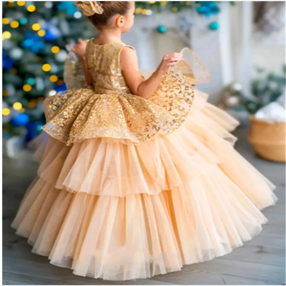 

Layered Flower Girl Dress For Wedding Sleeveless Tulle Lace Puffy Princess Kids Dress Birthday Party First Communion Ball Gown