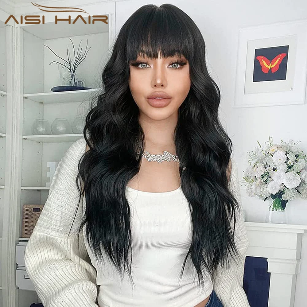 

AISI HAIR Synthetic Long Black Wig Wavy Wigs with Bangs for Black Women Natural and Soft 24'' Heat Resistant Party Daily Hair