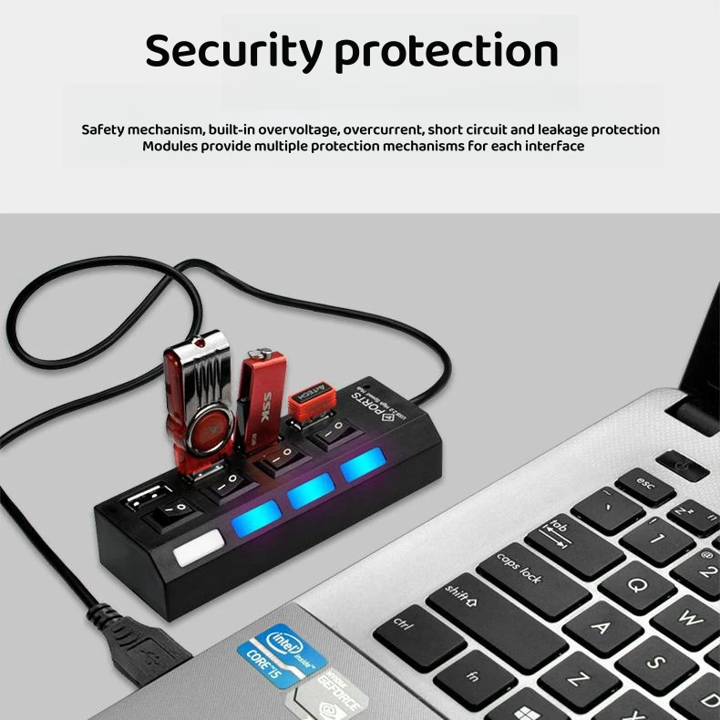 7포트 USB 2.0 허브 어댑터 (LED 표시등 포함, 개별 켜기/끄기 스위치, 고속 USB 분배기, USB-C 장치 OTG 연결)