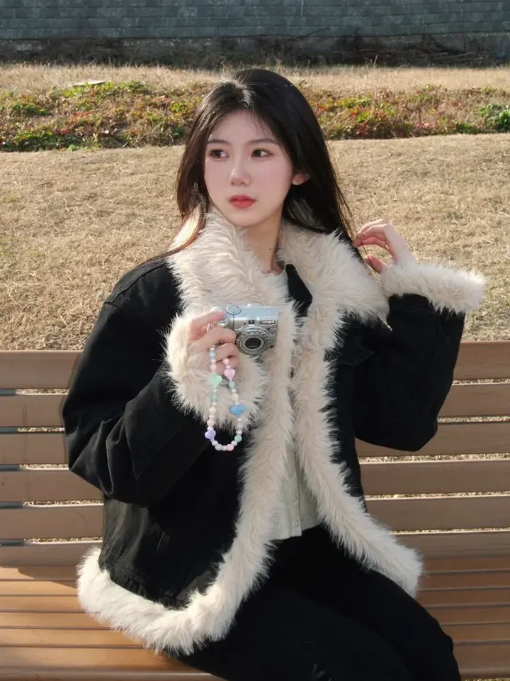 レディース ジャケット COTTON×LAMB Cowboy Splicing Fury Thickened Cotton Jacket for Women Autumn