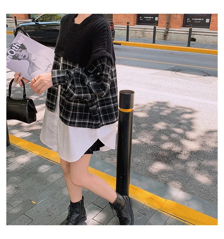 S2c6d3fed3edc458f85c01964b2ca5802e - Spring / Autumn O-Neck Long Sleeves Patchwork Knitted Plaid Blouse