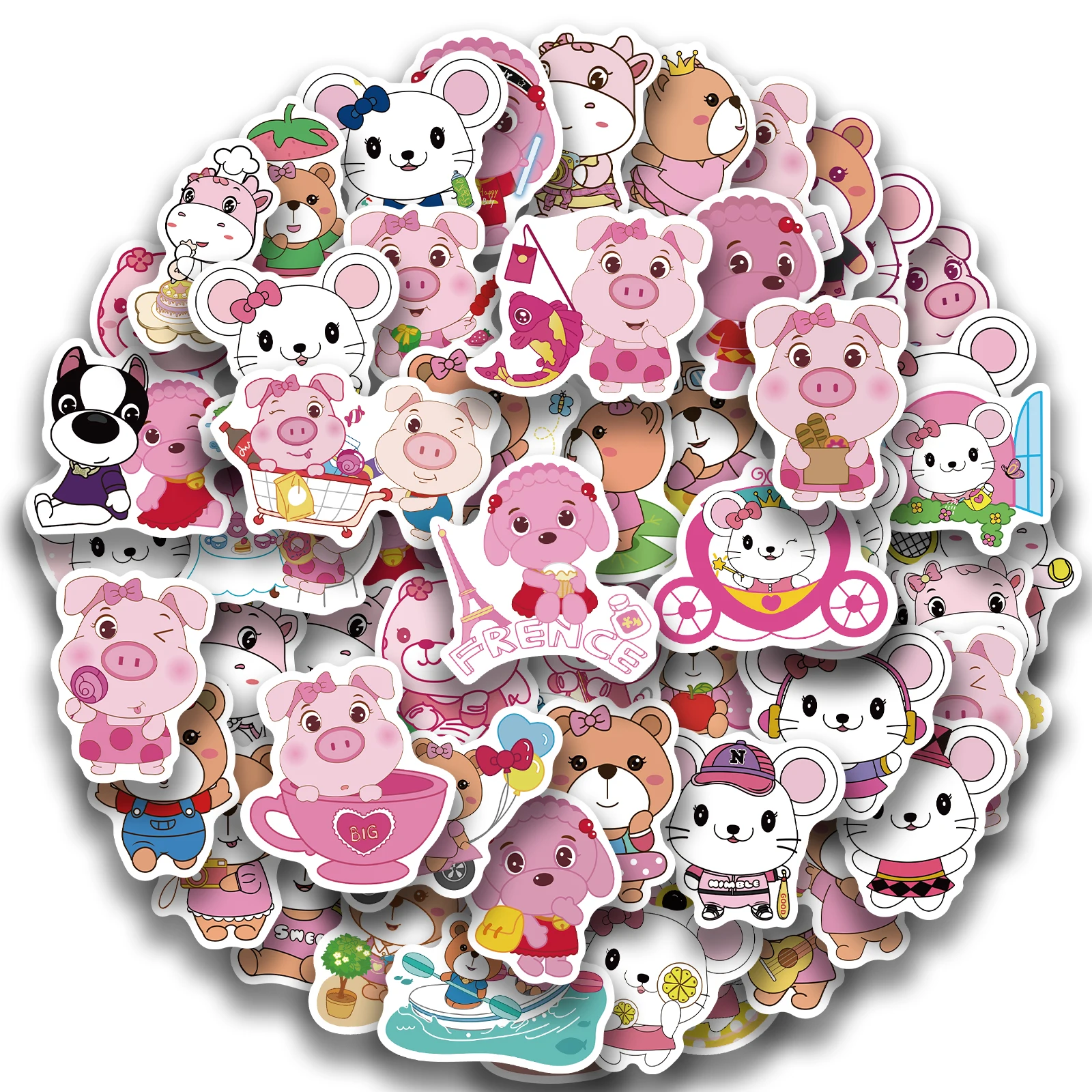 59Pcs Cute Pink Animal Stickers For Scrapbooking Stationery Skateboard Bicycle Guitar Laptop Stickers Daily Kawaii Decoration