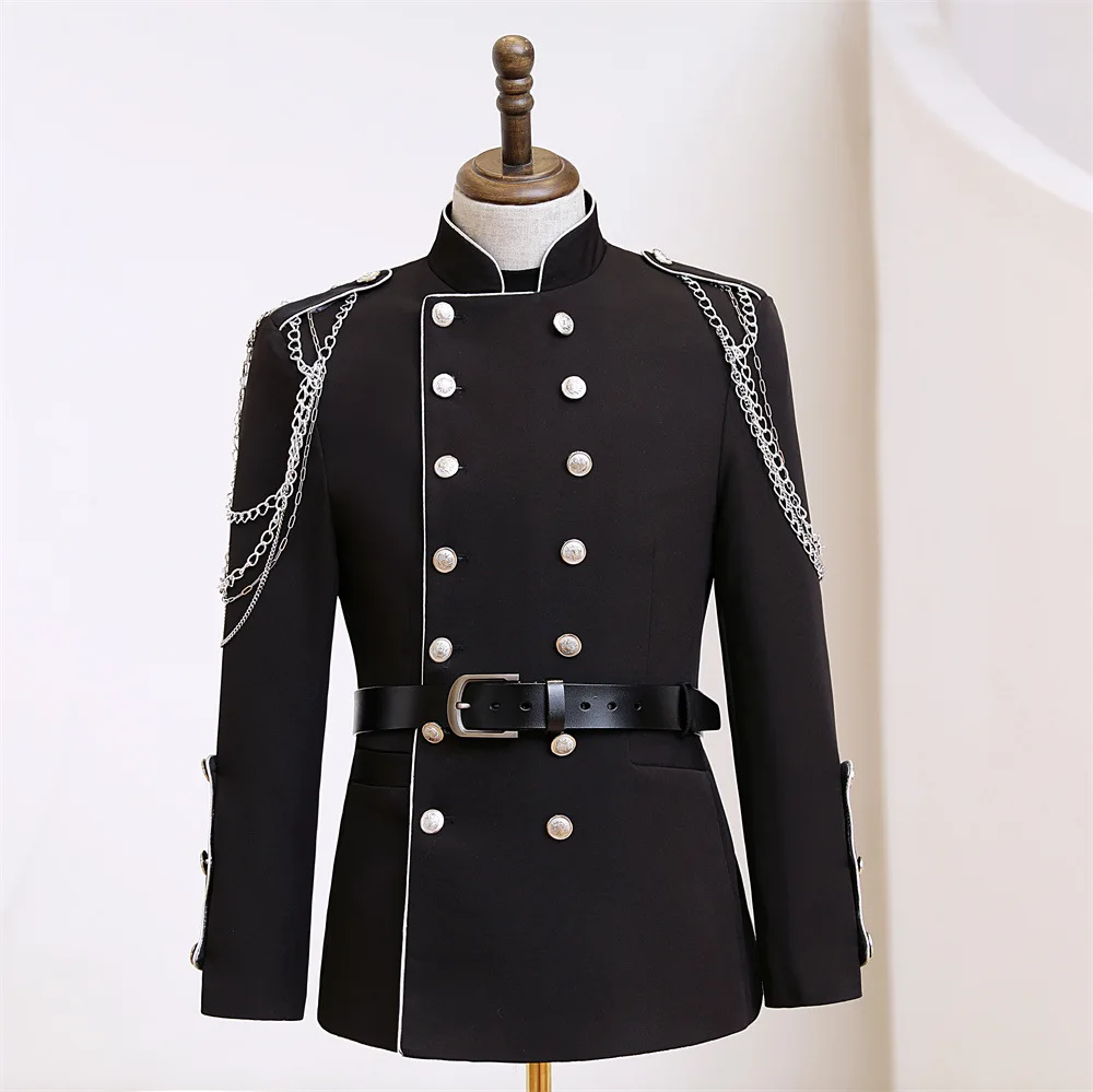 

Nightclub Party Rock Stage Tuxedo Men's Black Metal Chains Epaulet Blazer Jacket Military Uniform Stand Collar Court Coat Singer