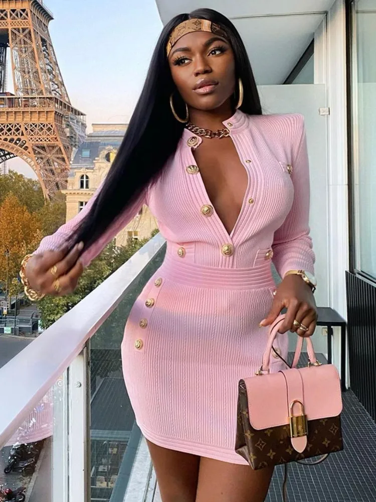 

Spring Autumn Bodycon Rib Bandage Dress Women Long Sleeve Gold Buttons Office Ladies Elegant Business Formal Evening Party Dress