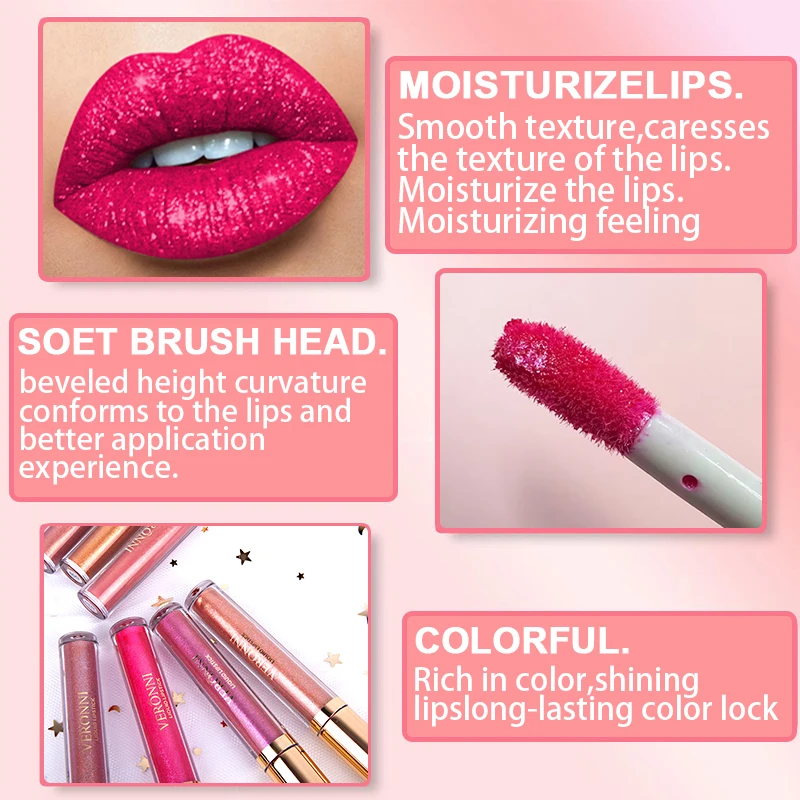 Flüssiger Lippenstift mit Glitzereffekt, schimmernder, glänzender Lipgloss, perlmuttartiger Lippenton, wasserfest, langanhaltend, matt, Diamant-Lippenglasur_voghion.com