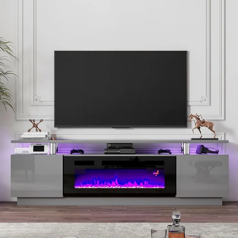 

Modern Fireplace TV Stand with 36" Electric Fireplace, High Gloss Finish Media Console with Open Storage, LED Lights