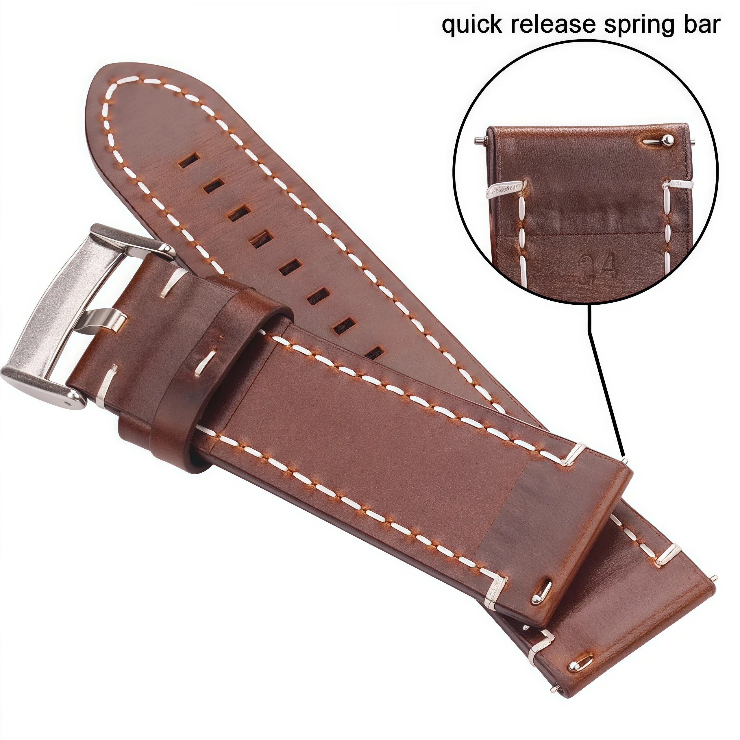 Vintage Genuine Leather Watch Band with Quick Release - Handmade Oil Wax Discoloration Casual Strap