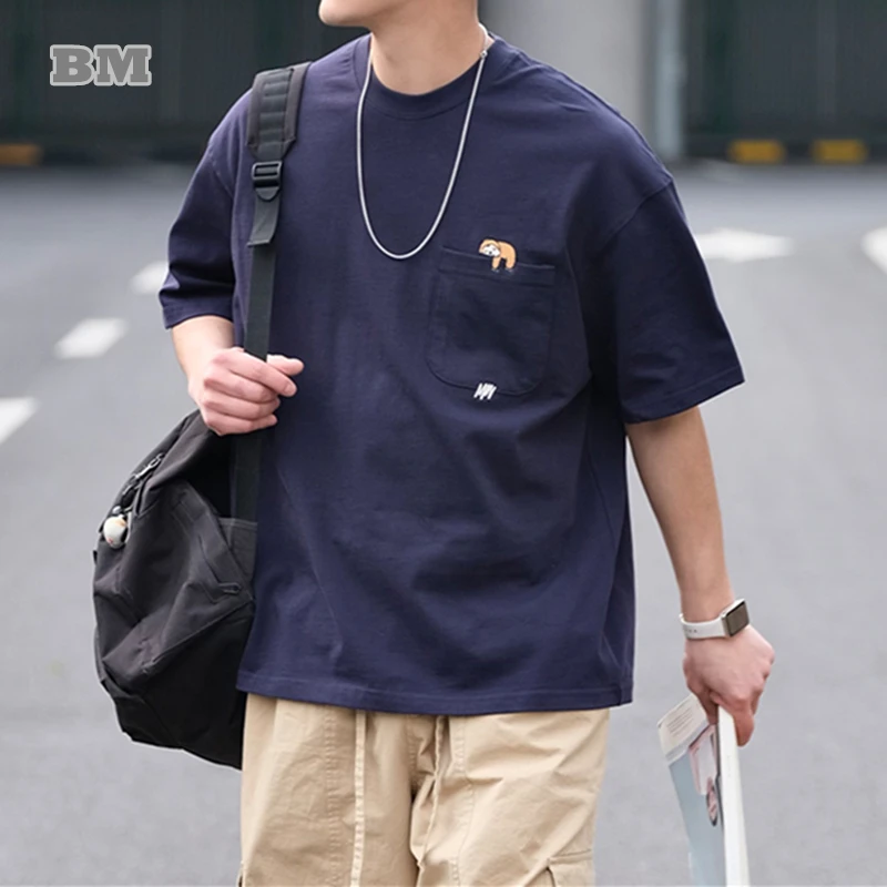 

Summer Japanese Streetwear Cotton T Shirt Men Clothing Trendy Cartoon Embroidery Skateboard Sports Short Sleeve Tee Harajuku Top