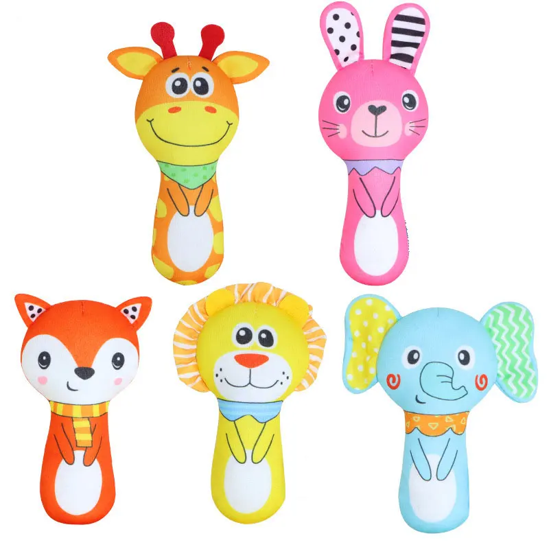 cartoon animal baby plush rattle hand bell toy baby toys 0 12 months infant toddler newborn early educational mobile toys gifts Baby Accessories Newborn Soft Plush Hand Rattle Squeak Stick Grip Ability Training  0 6 Months Baby Toddler Early voice Toy Gift