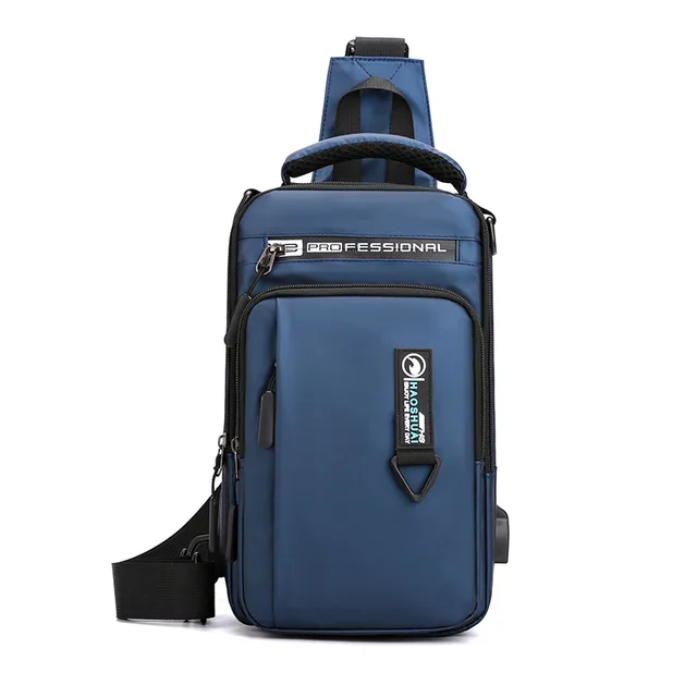 Men Nylon Crossbody Bag with USB Charging Port Multifunction Outdoor Travel Waterproof Daypack Male Casual Messenger Chest Bags Blue F
