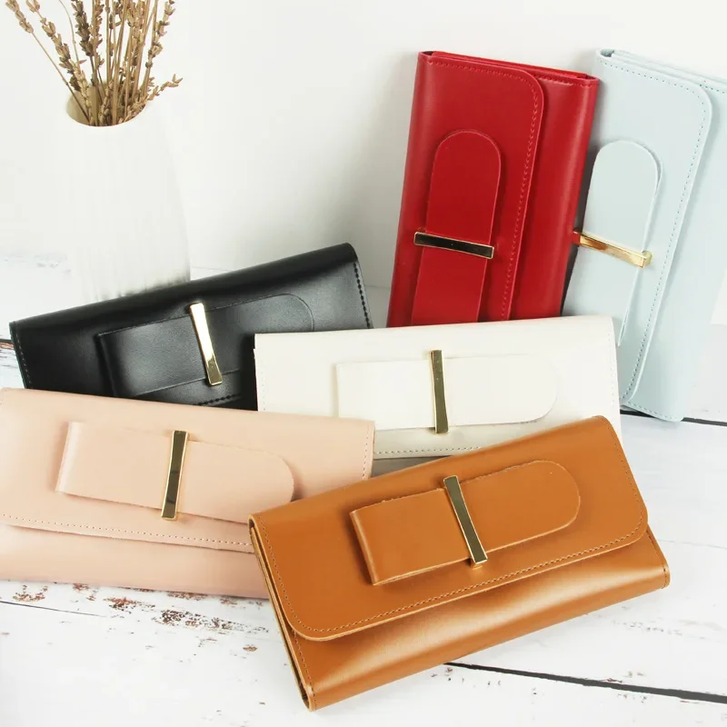 

Bow 2021 New Long Button Purse Female INS French Solid Color Elegant Anti-oil Simple Multi-card Bag
