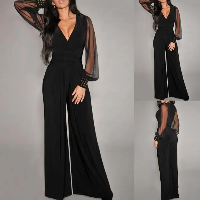 Women's Long Jumpsuit Autumn 2023 V-Neck Mesh Stitching Rivet Straight Tube Elegant Jumpsuit Mesh Long Sleeve Sexy Ladies Dress womens sexy embroidered floral transparent lace mesh bodysuit ladies patchwork faux leather zipper romper pole dance jumpsuit