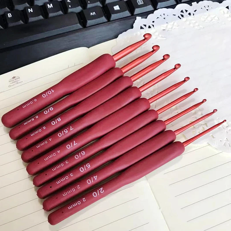 9PCS Oppo Packaging Knitting Tool Set 2.0mm-6.0mm Single Head TPR Red Handle Silicone Crochet