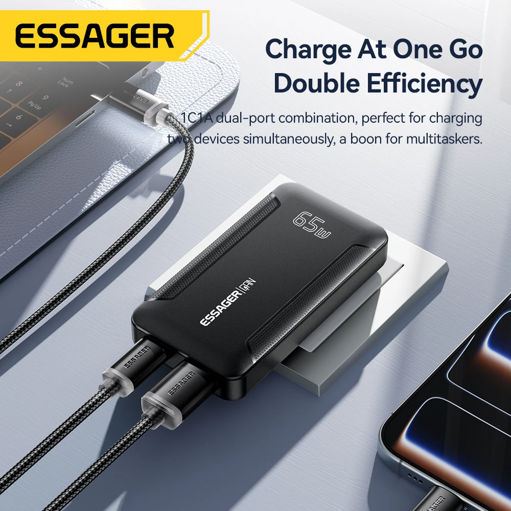 Essager Ultra Thin 65W GaN Pro Travel Charger Quick Charge 4.0 PD3.0 Portable Type C Charger For iPhone Samsung Macbook Laptop
