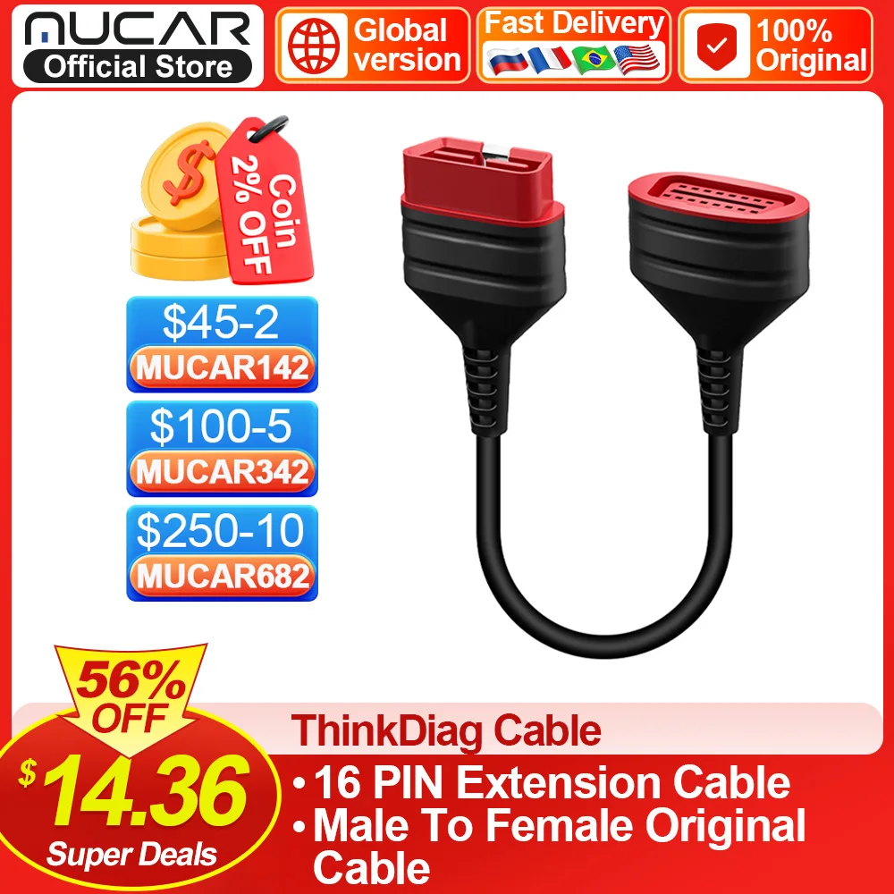 

THINKCAR ThinkDiag Extension Cable Universal 16 Pin OBD2 Diagnostic Extender Cable Male to Female Port Car Extension Cord