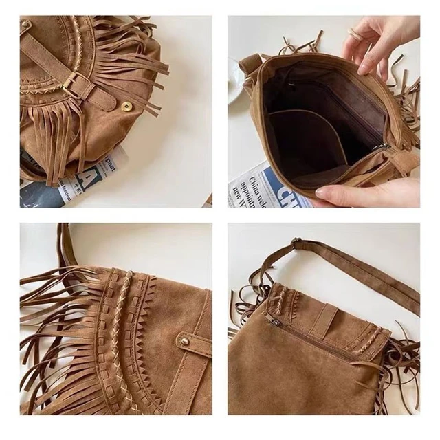 Tan Bohemia Vegan Leather Fringe Bags Crossbody Vintage Message