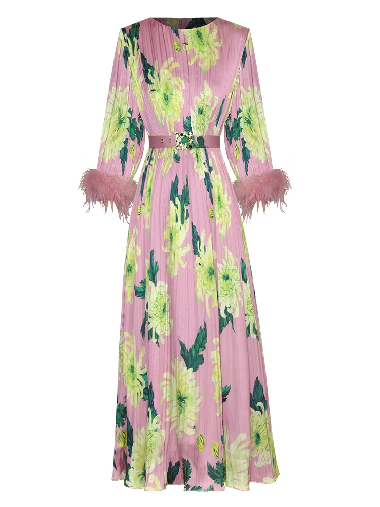 

Runway High Quality Autumn New Women's Casual Fashion Extravagant Party Elegant Bohemian Feather Sleeve Print Pleated Long Dress