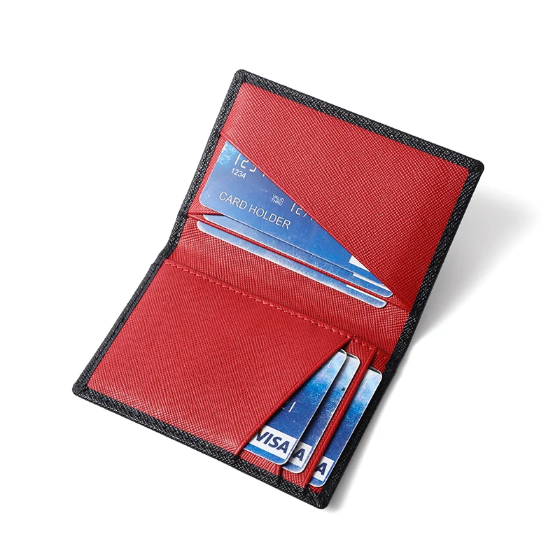 RFID Bifold Small Card Wallet for Men Slim Cross Pattern Genuine Leather Credit Card Holder