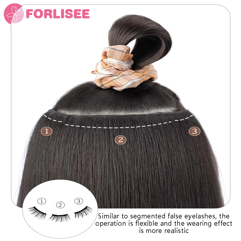 Perruque Synthétique Longue et Lisse de 23 Pouces, Postiche Moelleux, avec Cheveux Longs Invisibles, Extension de Cheveux Sans Balle, Trois Pièces, pour Femme