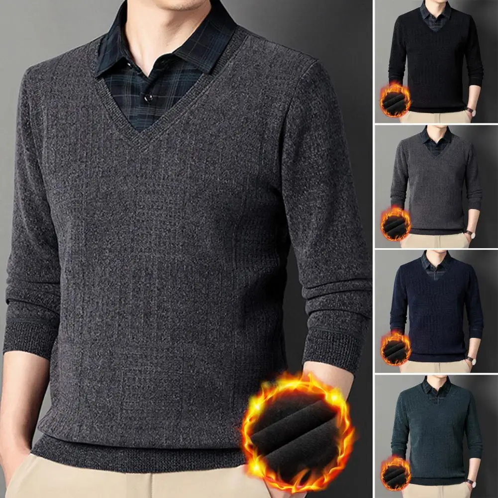 

Men Fall Top Plaid Print Button Elastic Pullover Mid-aged Men Sweater with Thick Plush Warm Lapel for Fall Winter