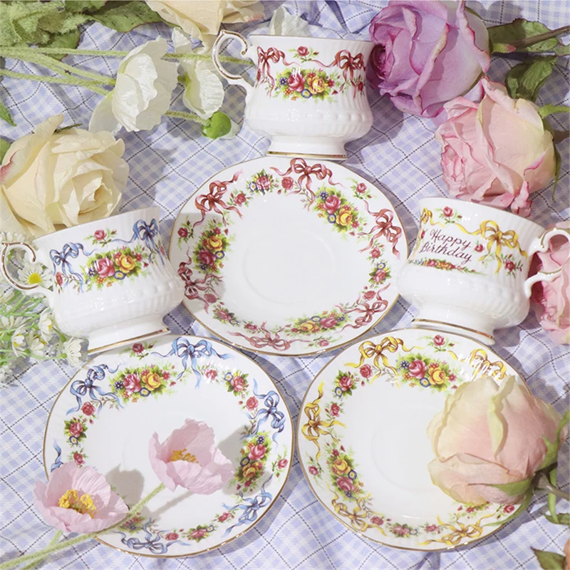 

French Top-grade Retro Cup and Saucer Set Smart Bow Color Ceramic Coffee Cup Classical Bone China Mug Tea Cup Holiday Gift