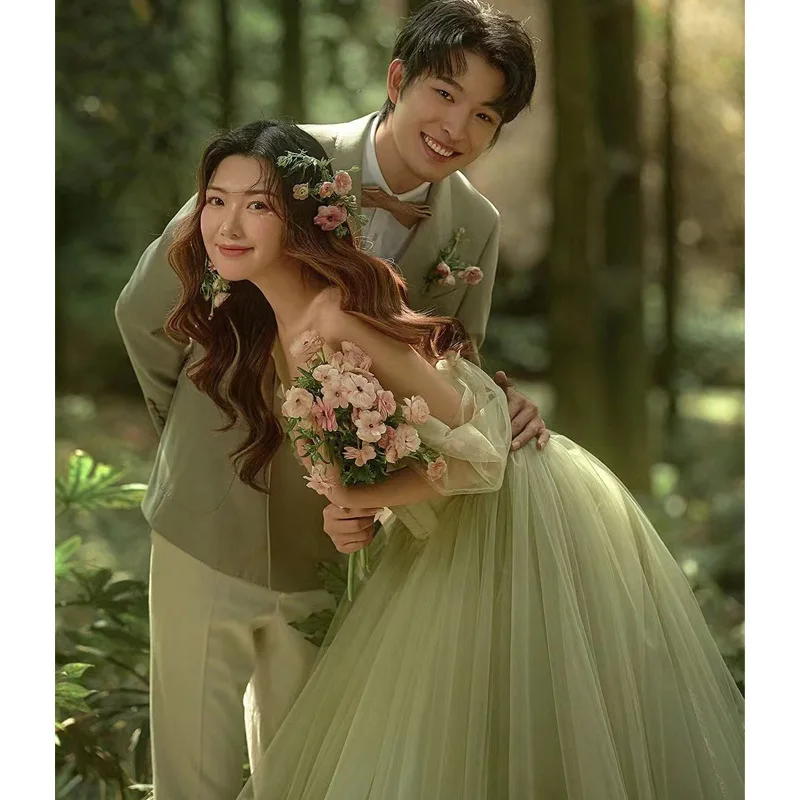 ウェディングドレス フェアリー グリーン チュール 結婚式 Vネックフェアリーグリーンチュールウェディングドレス