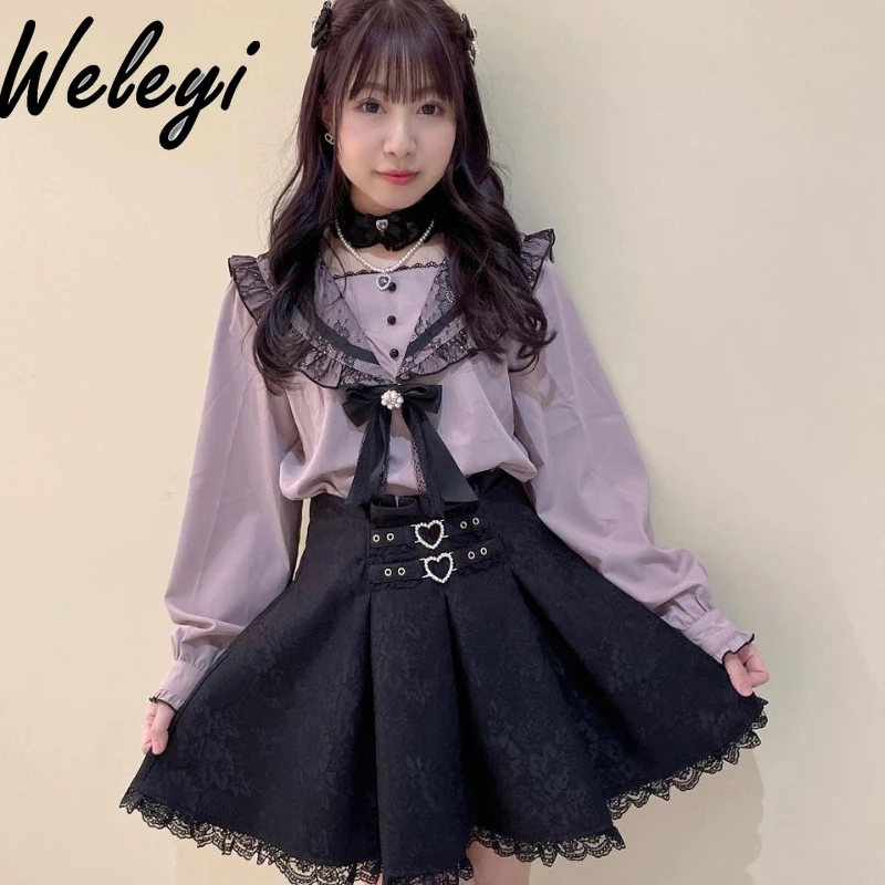 Rojita Sweet Mine Series Shirts Women Mass Production Lace Top Lolita Cute Woman Sailor Collar Long Sleeve Pin Pink Black Shirt