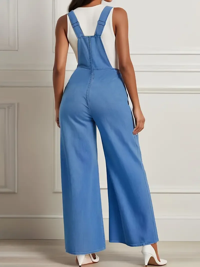 Women Fashion Big Pocket Denim Overalls Casual Wide Leg Jumpsuit Jeans 2