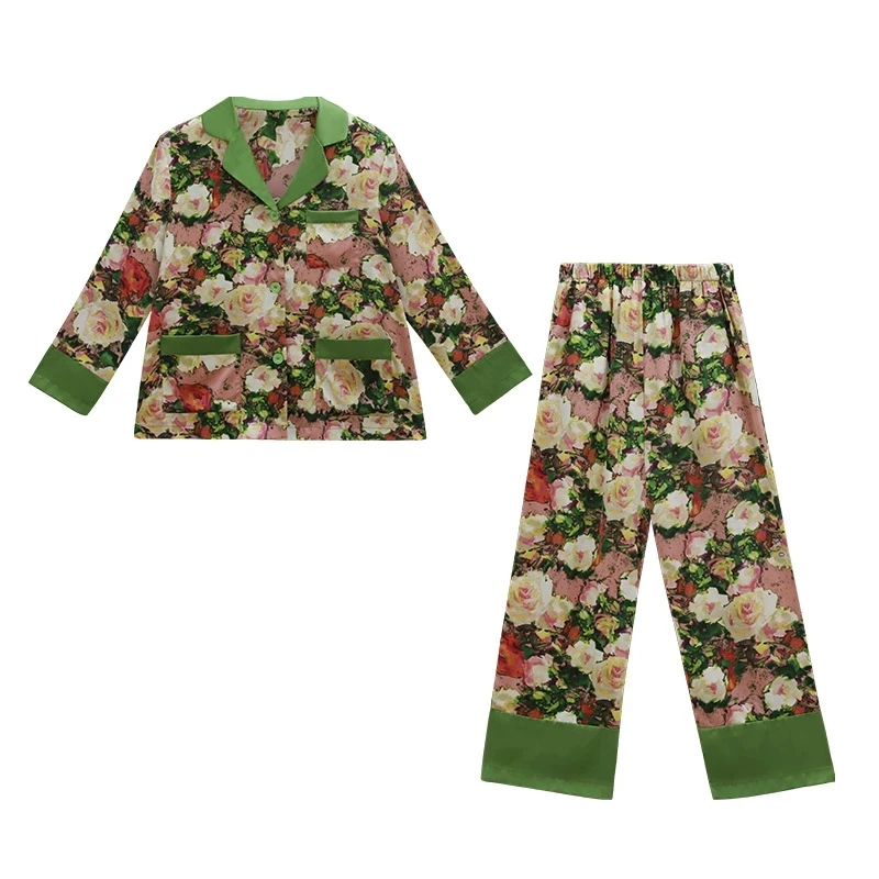 Summer New Floral Printed Silk Satin Pajamas Set Loungewear Sleepwear For  Women Silk Satin 2pcs Long Sleeves Homewear For Female