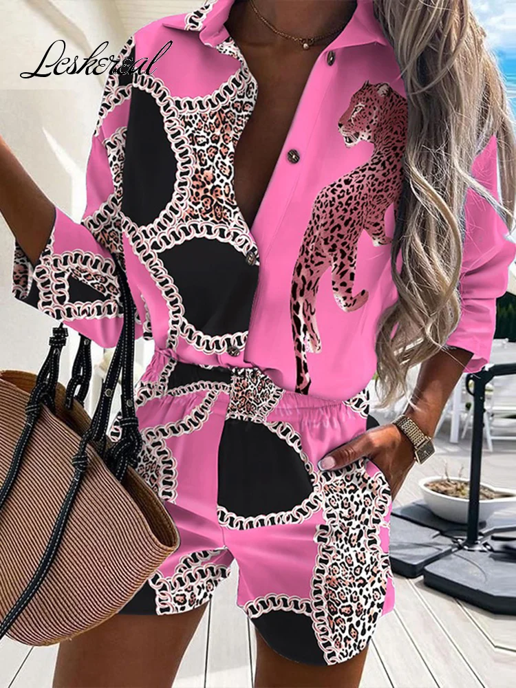 

Women Leopard Print Two Piece Sets 2022 Summer Casual Beach Shirt Top Shorts Suit Lady Casual Long Sleeve Outfit 2 Piece Set