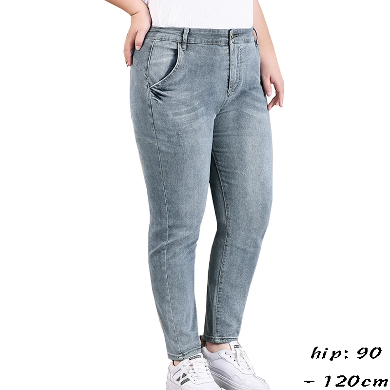 High quality jeans for women plus size stretch fabric stone wash cotton denim trousers new spring 2024 casual clothing- grey