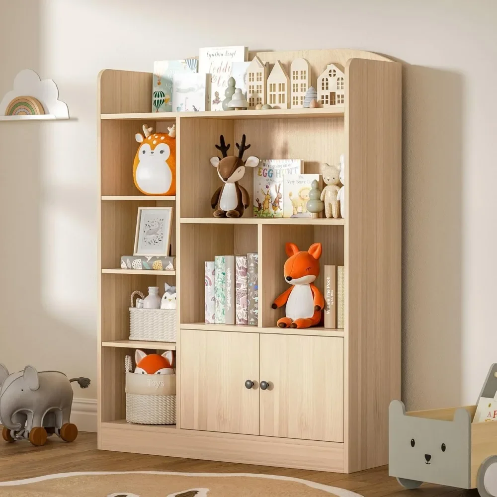 White Kids Bookshelf, Kids Bookcase with 7 Cubbies and 2 Cabinets, Freestanding Book Storage Shelves for Bedroom