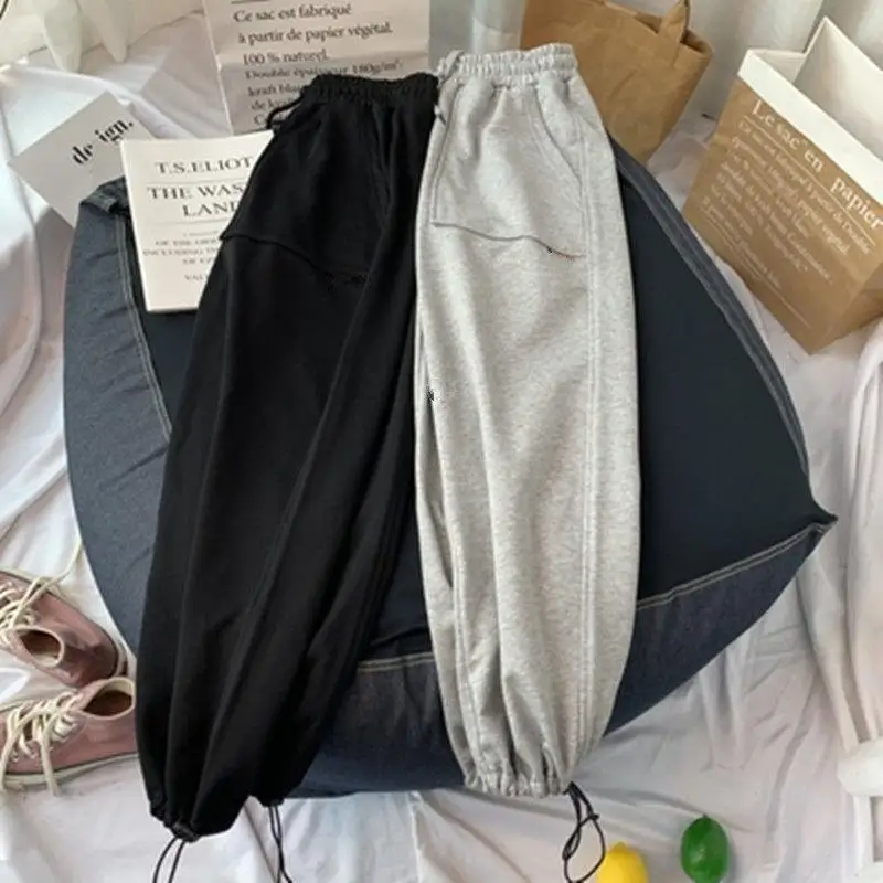Spring Summer New Solid Color Street Cotton Motion Pants Women Elastic Waist Drawstring Pockets High Street All-match Trousers