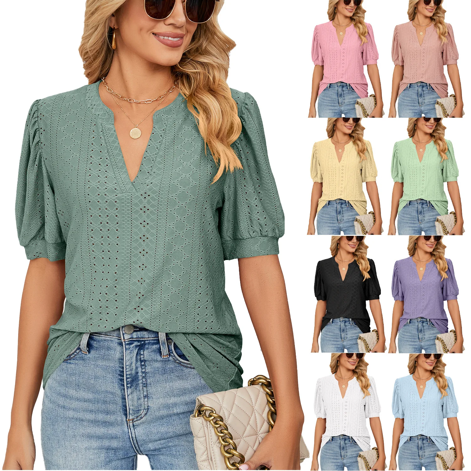 

Womens Shirt Soild-color Hollow-carved Loose Top Bubble-sleeve Courtly-style Leisure Exquisite Temperament Comfort Cool Tops