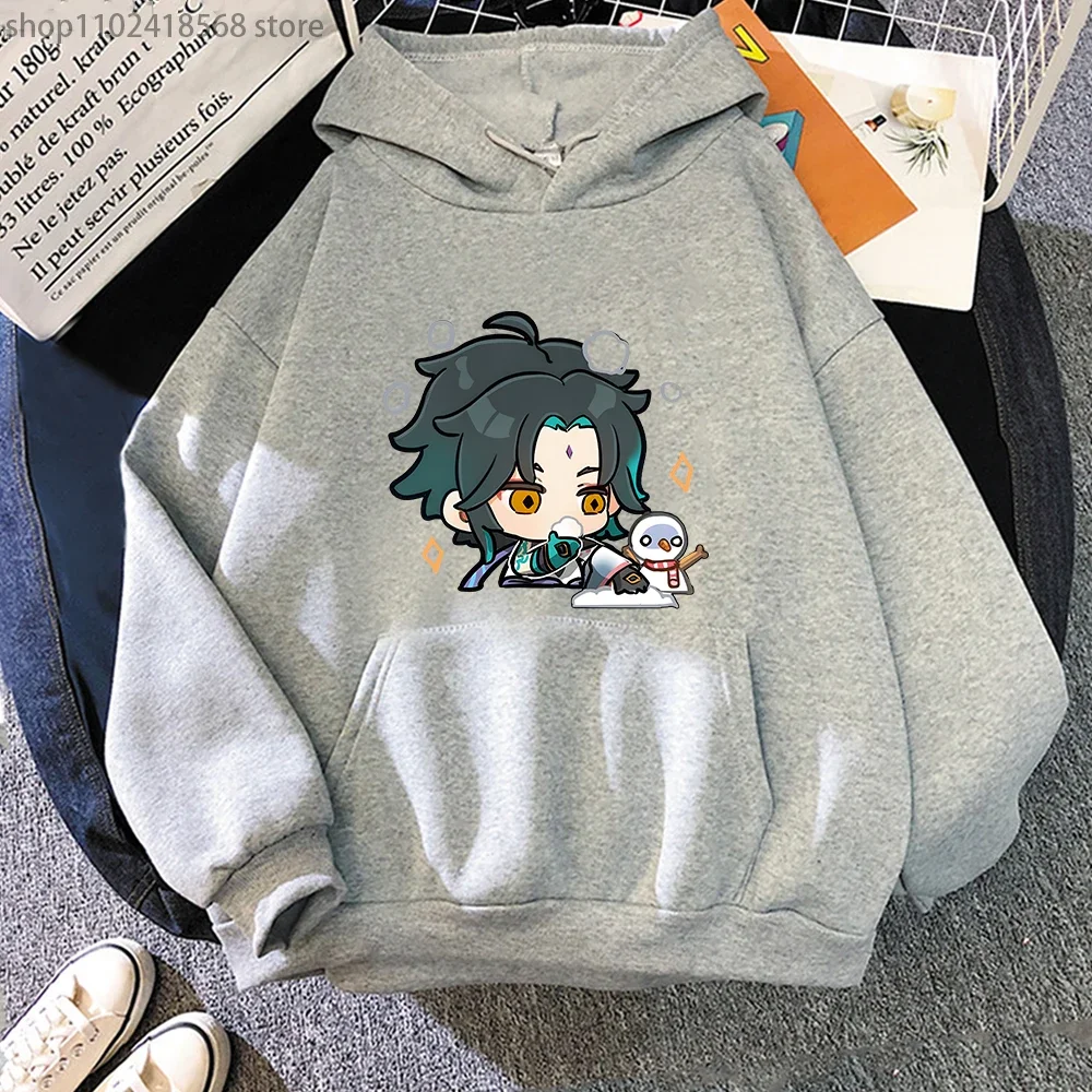 Xiao with Chibi Snowman Hoodies Genshin Impact Streetwear Men Game Cartoon Printed Swearshirt Harajuku Pullover Fleece Sudaderas