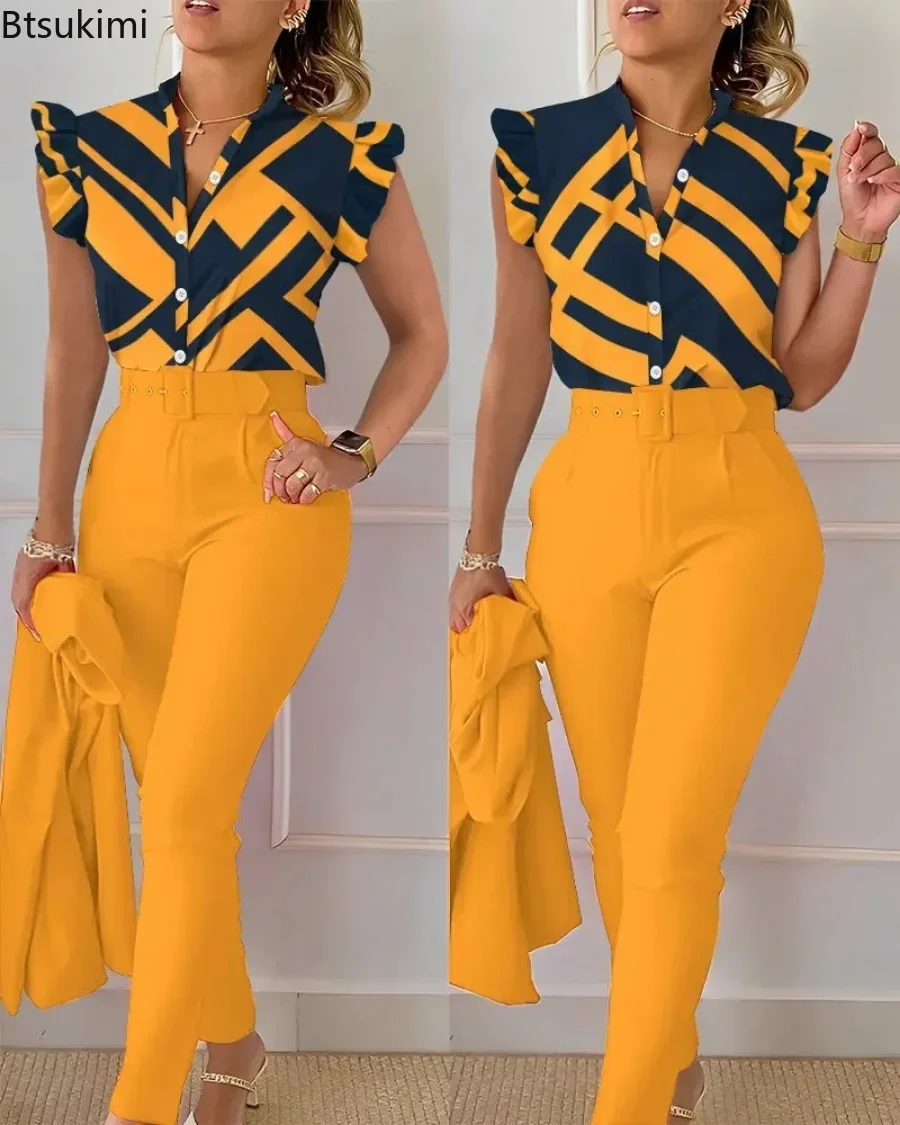 New 2024 Women's Summer Casual Sets 2PCS Printed Lotus Leaf Sleeve Top and Pants Set with Belt Female Suit Sets Outfits Workwear