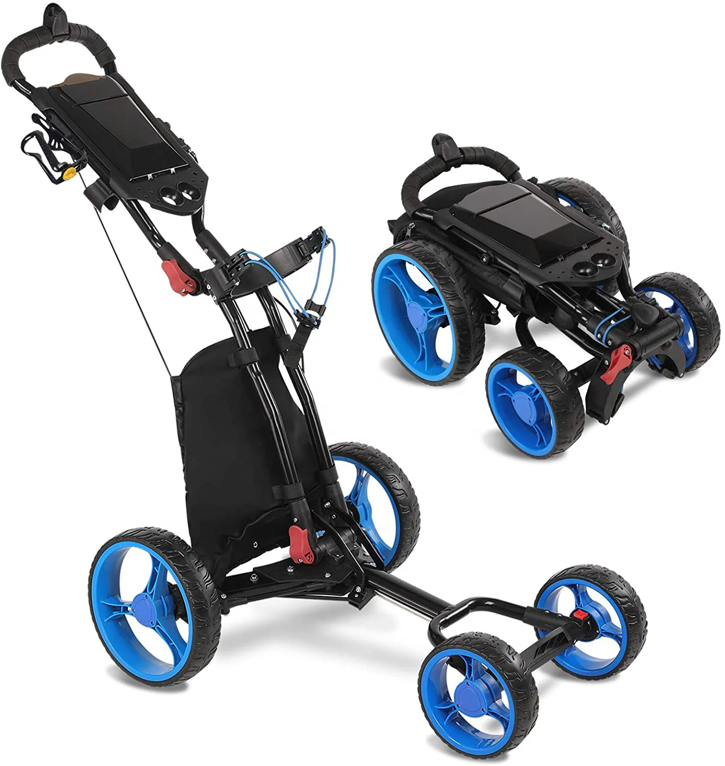 Outdoor Golf Play 4 Wheel Collapsible Aluminum Goft Club Push Pull Cart Portable Foldable Brown Golf Trolley With Hand Brake